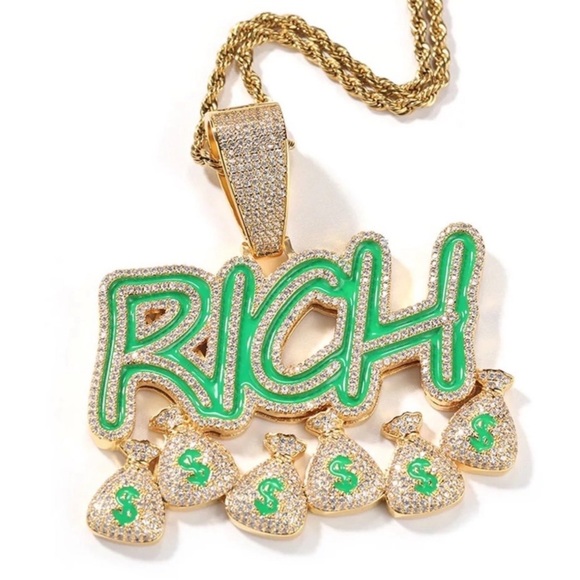 🔥CZ DIAMOND Gold Plated Glows In Dark RICH Money Bag $ Pendant+Chain 24INCH - Picture 1 of 4